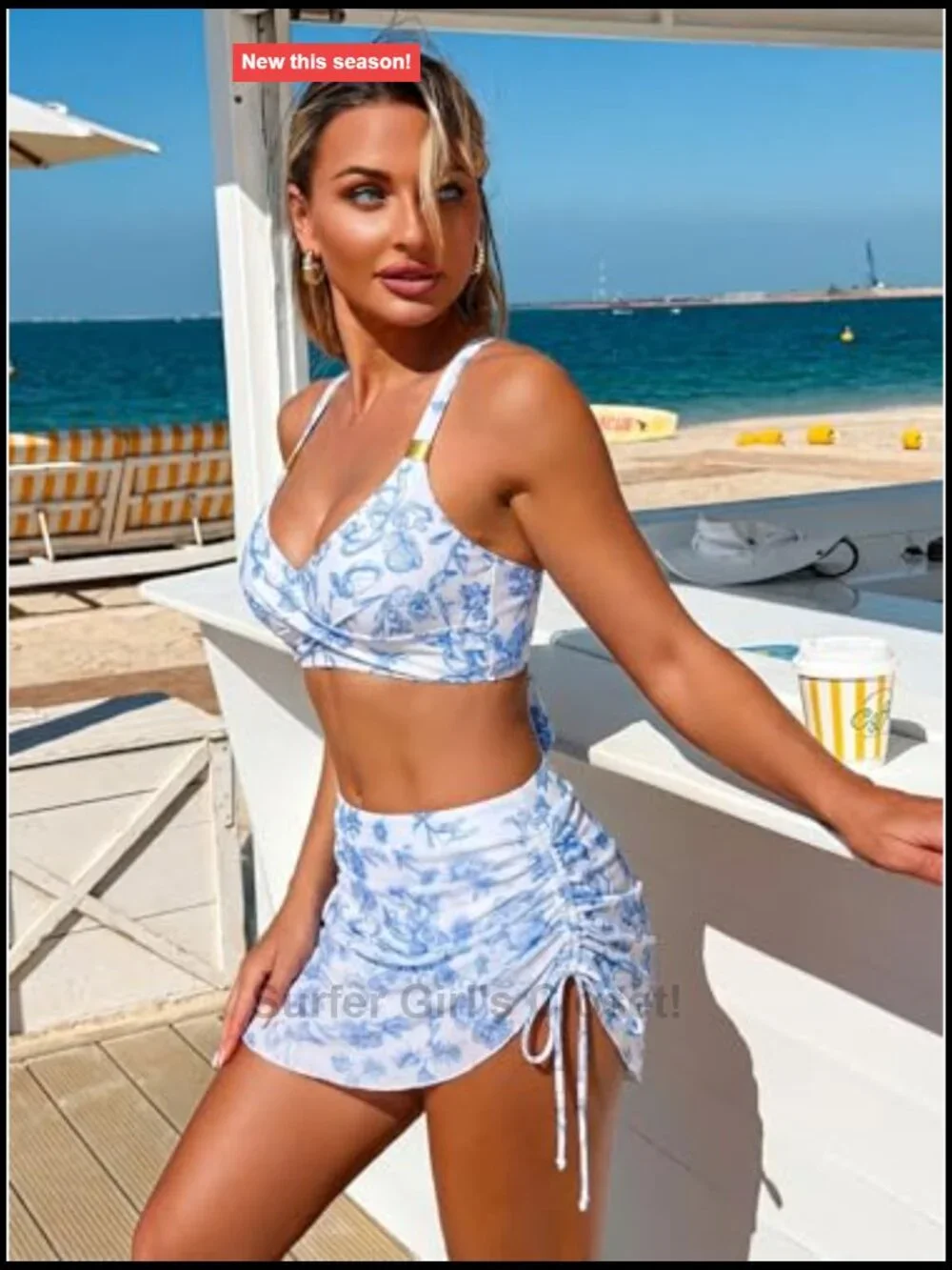 High Waisted Tummy Control Twist Bikini Set with Sarong Wrap Adjustable Straps